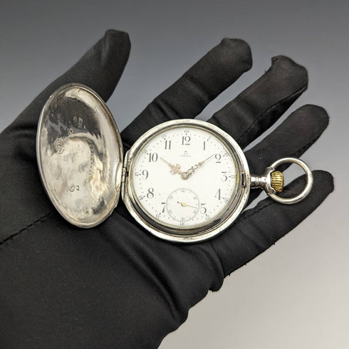 Around 1900 Antique Omega pocket watch silver side hunter case works well